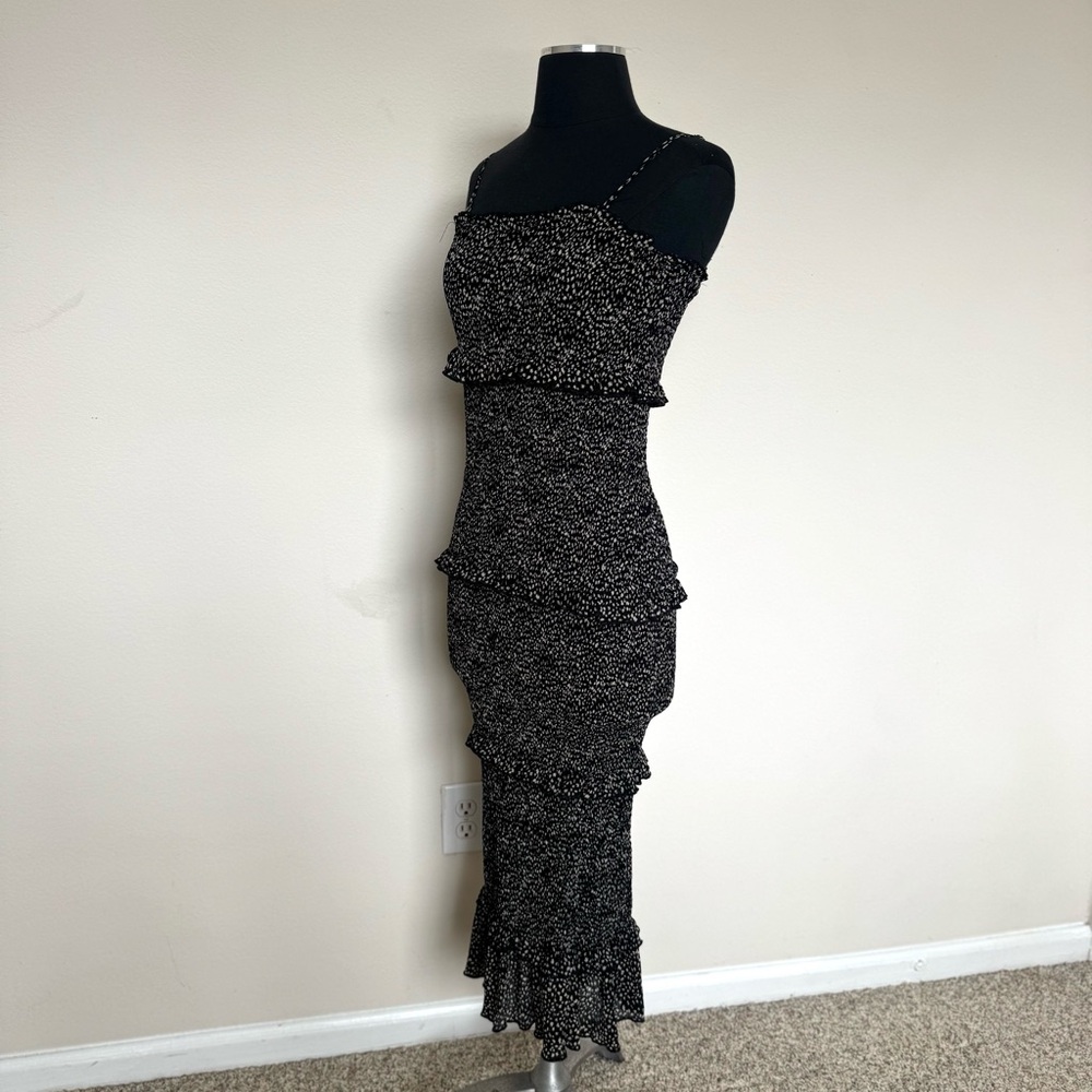 Mable Esme Black Tiered Ruffle Smocked Bodycon Midi Dress S - Picture 4 of 10